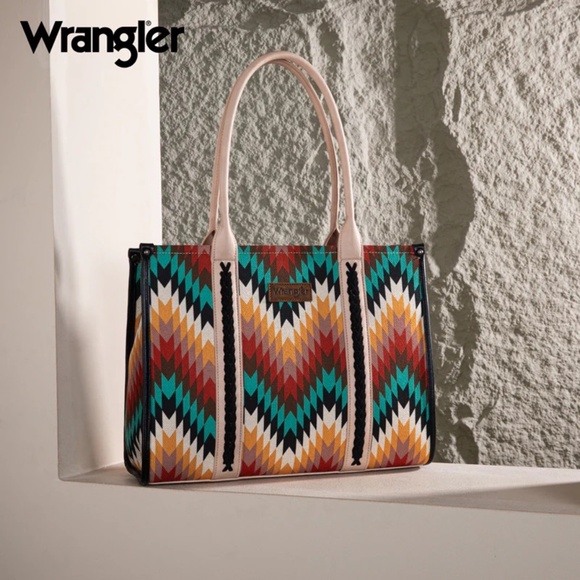 Wrangler Southwestern Pattern Concealed Carry Wide Tote  Wrangler Southwestern Pattern Dual Sided Print Concealed Carry Wide Tote Black